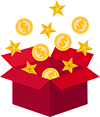 gift box with flying coins and stars
